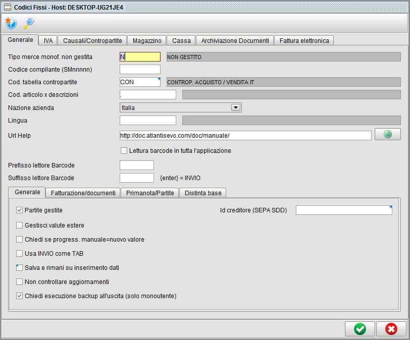 Scheda codici fissi - software gestionale Atlantis Evo
