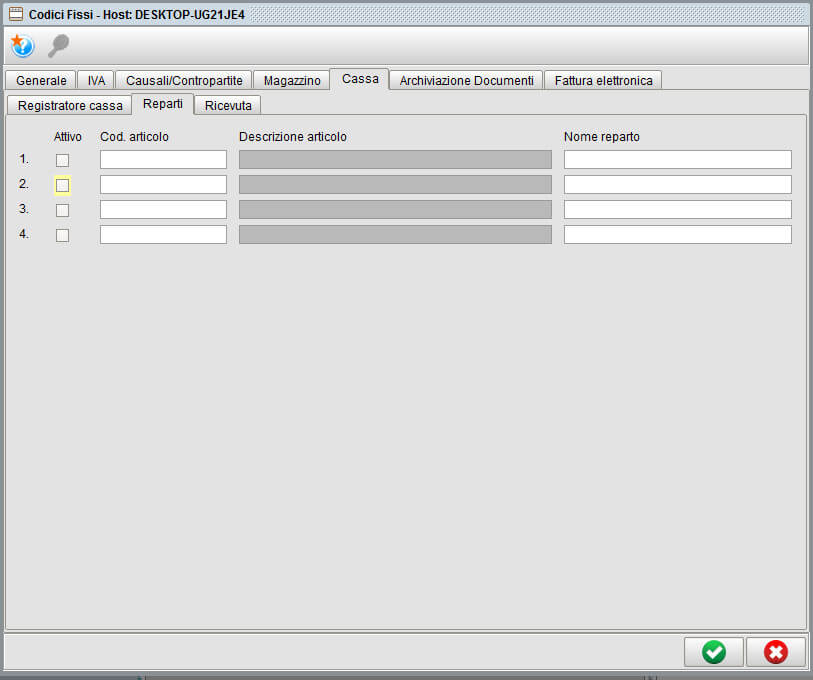 Codici fissi scheda cassa - gestionale Atlantis Evo
