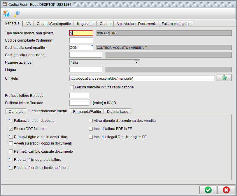 Scheda codici fissi - software gestionale Atlantis Evo