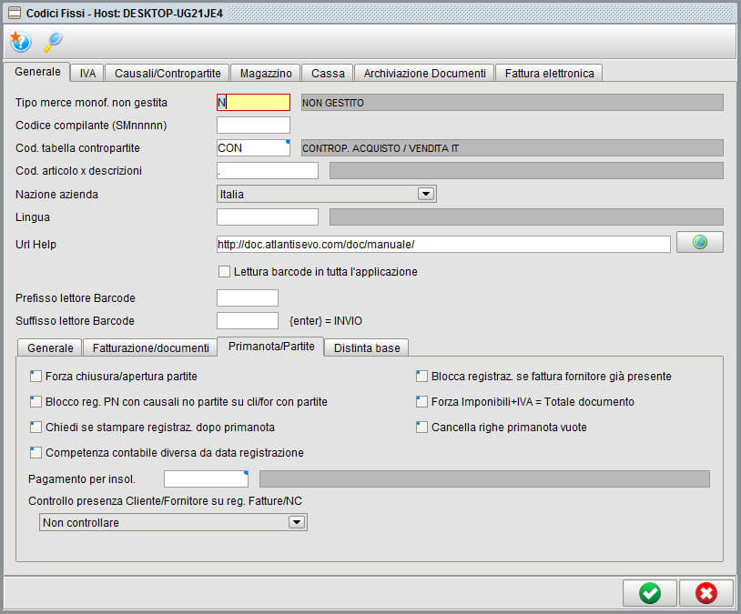 Scheda codici fissi - software gestionale Atlantis Evo