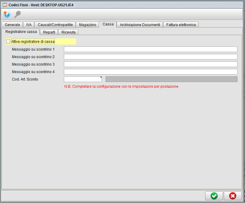 Codici fissi scheda cassa - gestionale Atlantis Evo