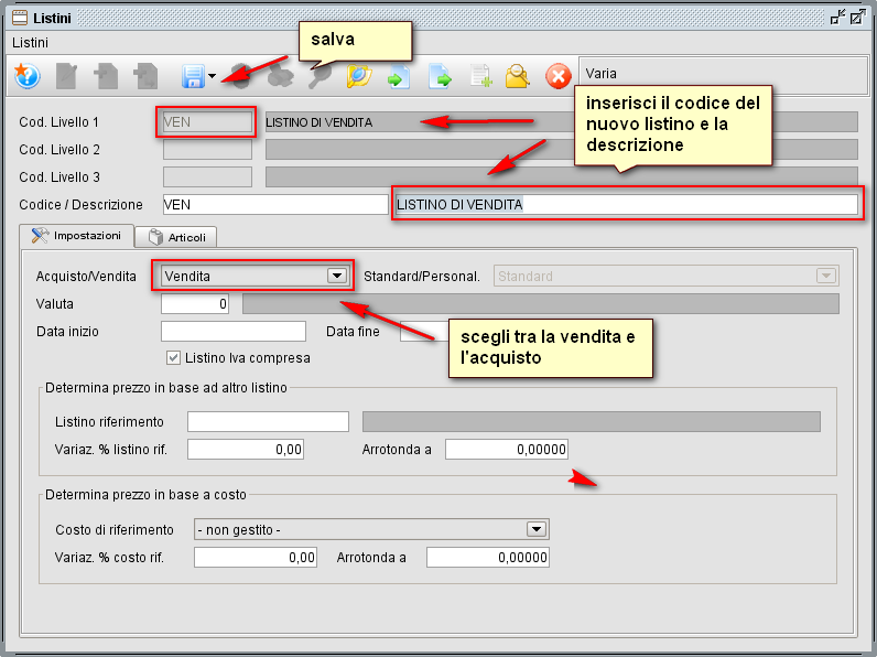 Schermata listino livello 1 - software gestionale Atlantis Evo