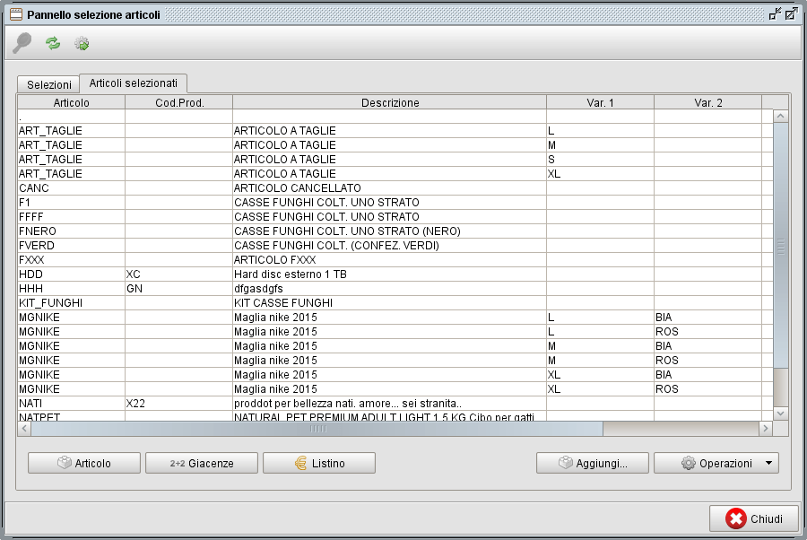 panello selezione articoli - gestionale Atlantis Evo