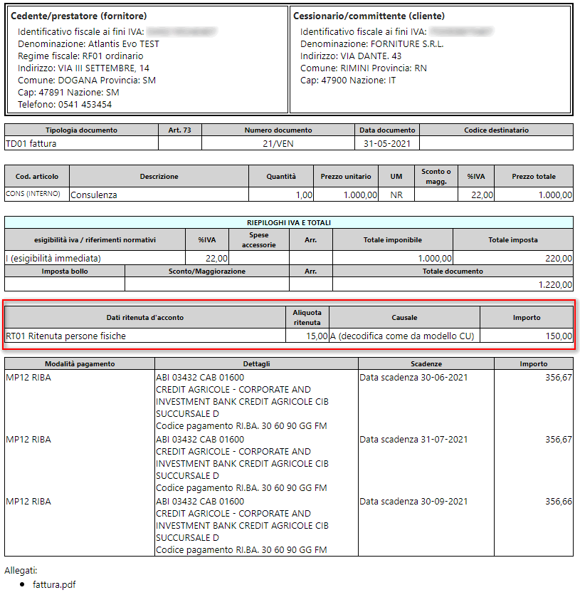 rit fe » Manuale Software gestionale Atlantis Evo Fattura elettronica con ritenuta d'acconto