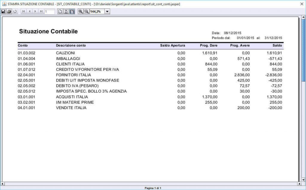stampa situazione contabile-2 gestionale Atlantis Evo