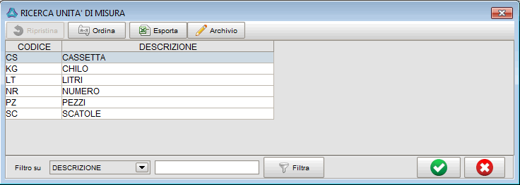 ricerca unità di misura - gestionale Atlantis Evo