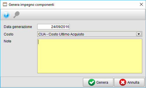 Maschera genera impegno componenti - software gestionale Atlantis Evo
