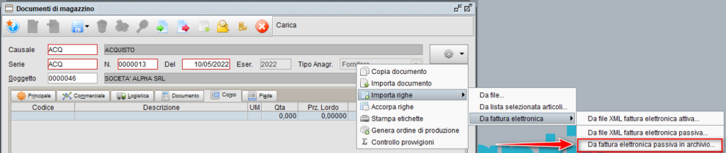 Importazione righe documento da fattura elettronica