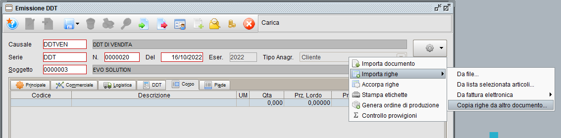Importazione righe da altro documento