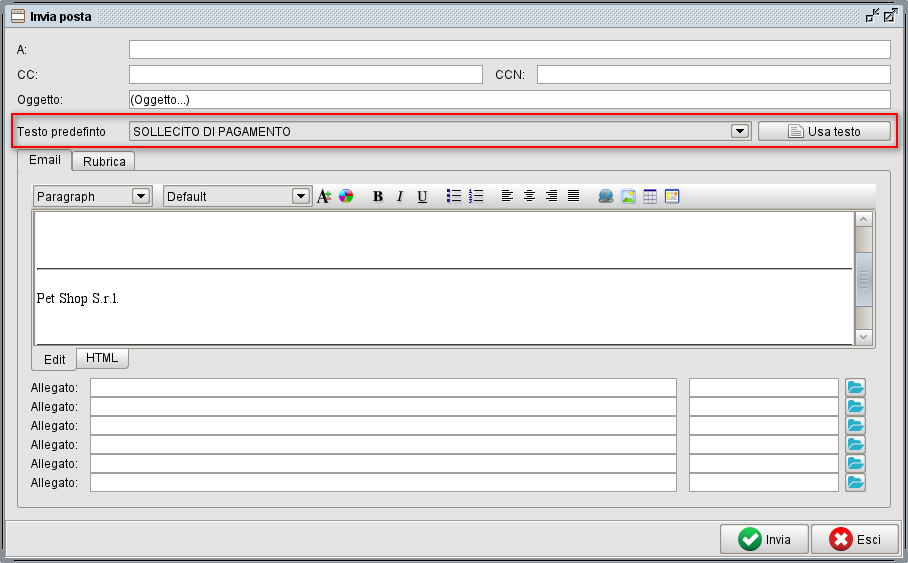 Testi predefiniti su email