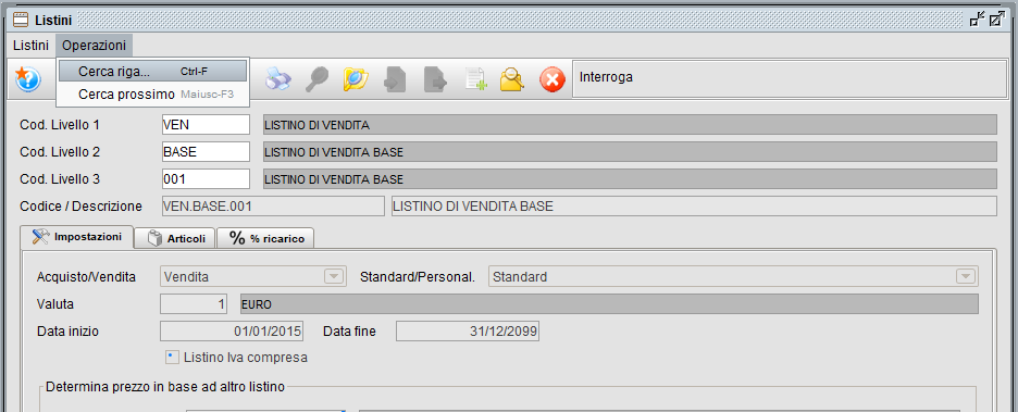 Ricerca prodotti all'interno del listino