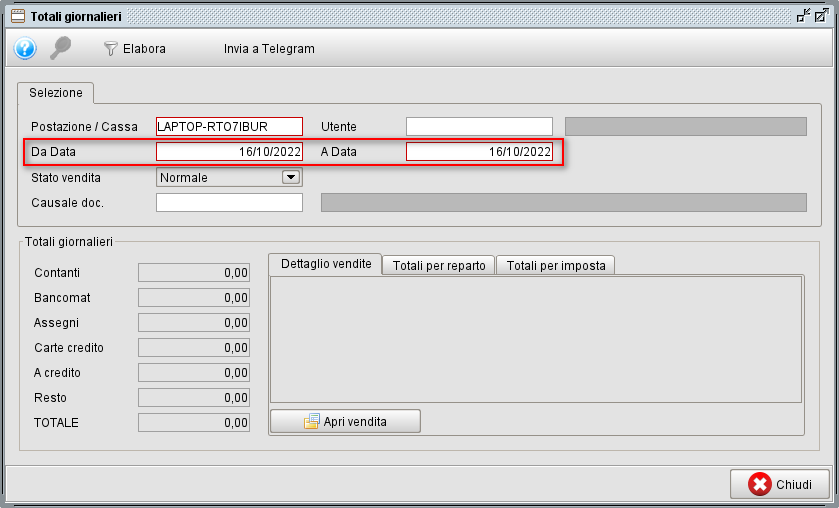 Totali vendite al banco per periodo
