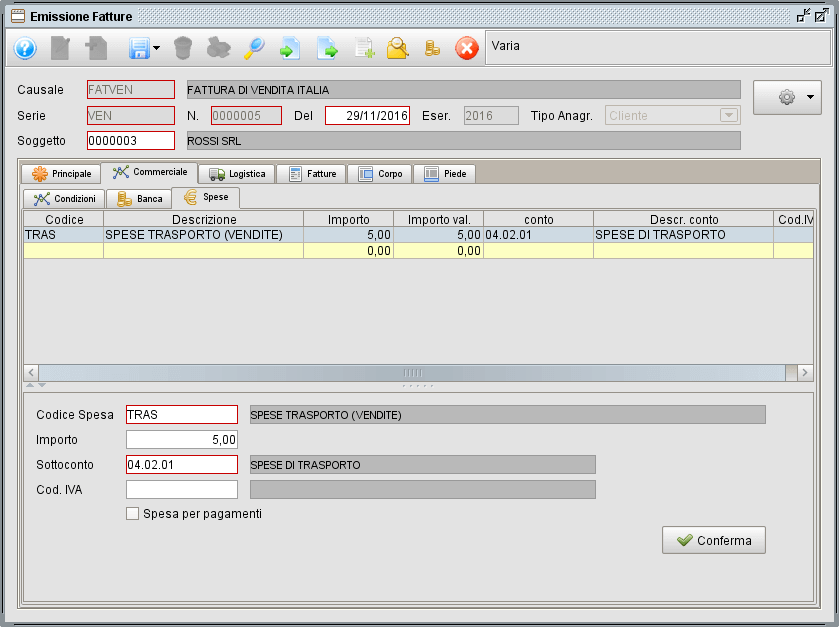 Fattura - Commerciale Spese - software gestionale Atlantis Evo