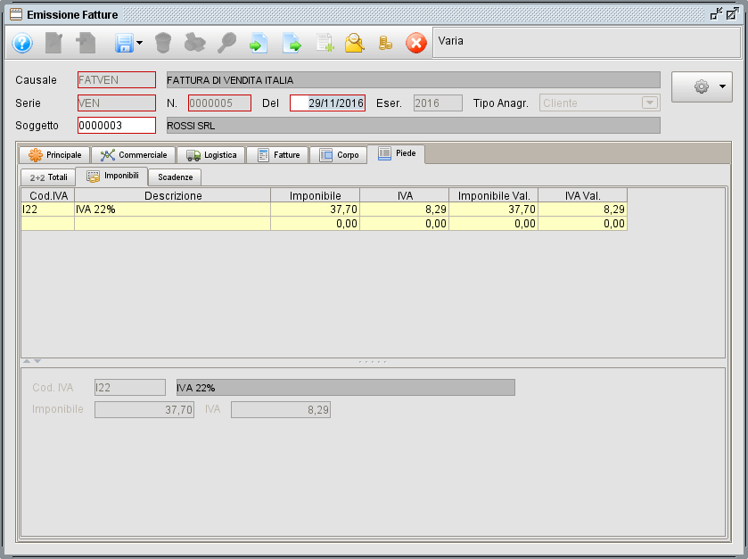 Fattura, linguetta Piede-Imponibili - software gestionale Atlantis Evo