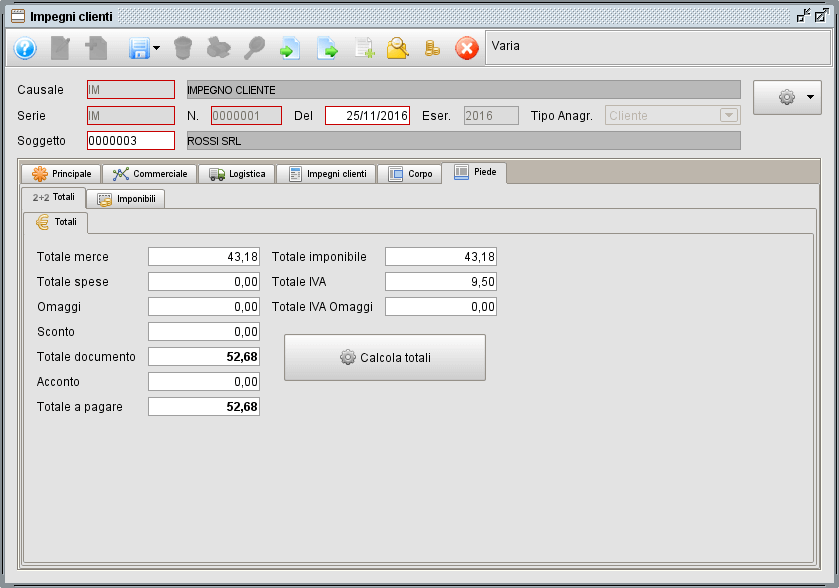 impegno- scheda Piede Totali - software gestionale Atlantis Evo