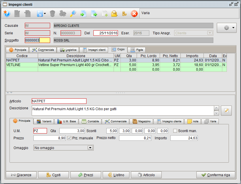 Impegno cliente - scheda Corpo | software gestionale Atlantis Evo