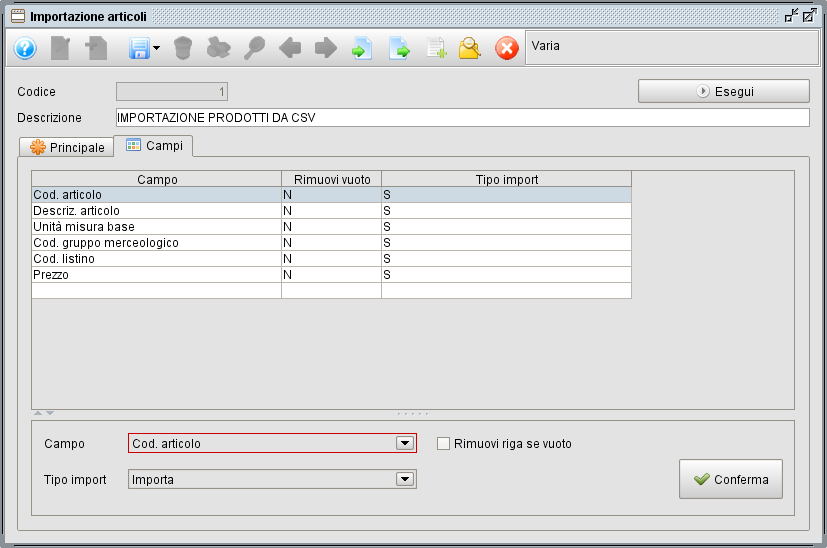 Importazione articoli - definizione campi - gestionale Atlantis Evo