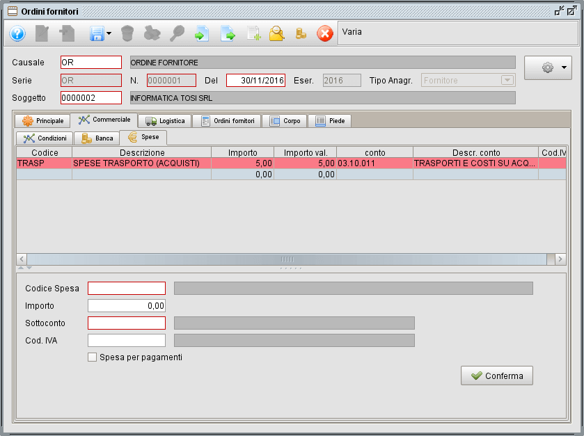 ordine-commerciale-spese - gestionale Atlantis Evo