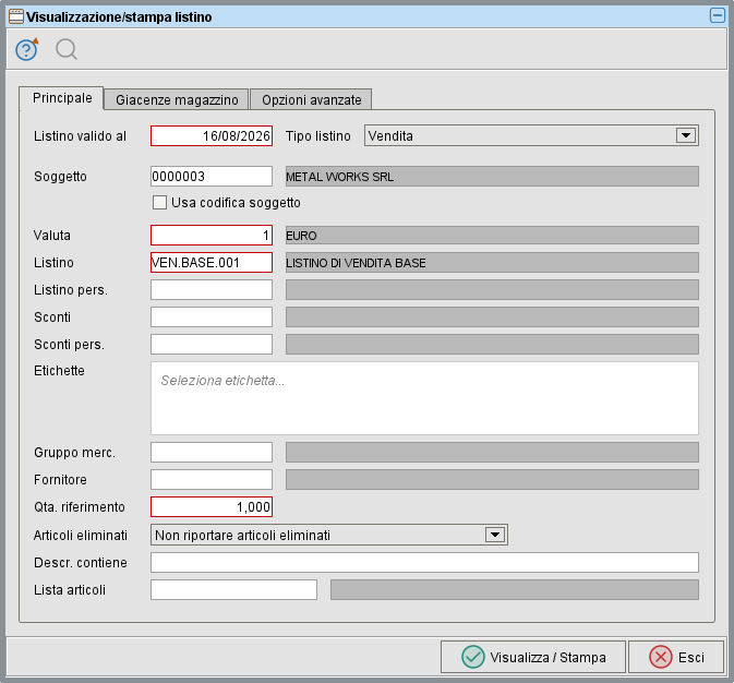 stampa listino » Manuale Software gestionale Atlantis Evo Visualizza / stampa listino