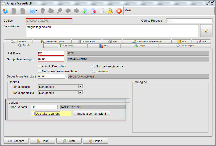 Anagrafica articoli - varianti | Software gestionale Atlantis Evo