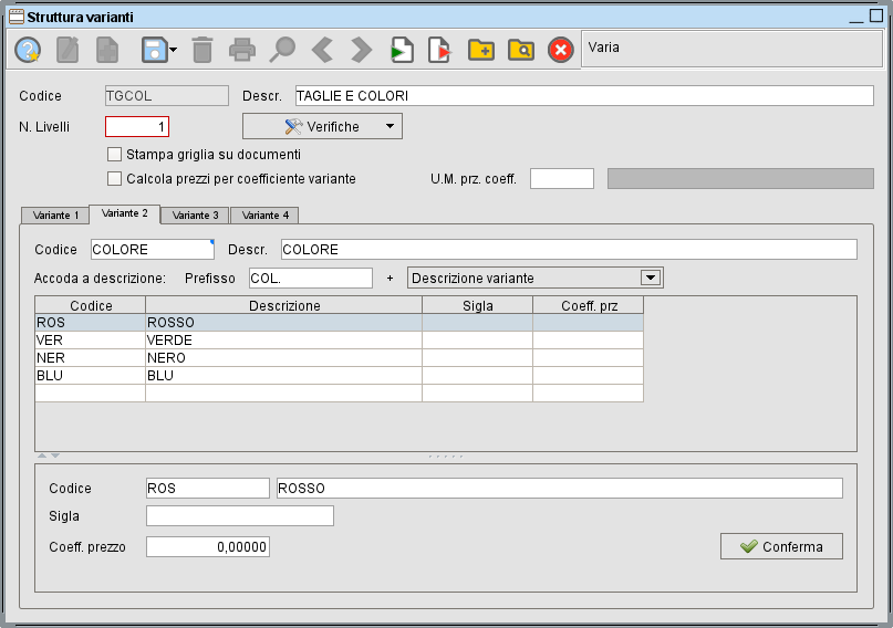 Struttura varianti livello 2 | software gestionale Atlantis Evo