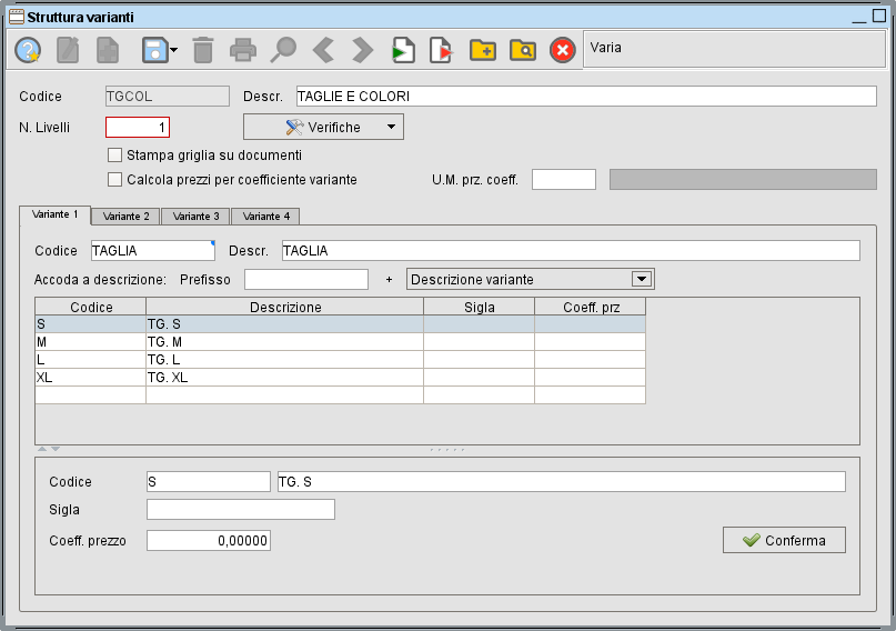 Struttura varianti livello 1 | software gestionale Atlantis Evo