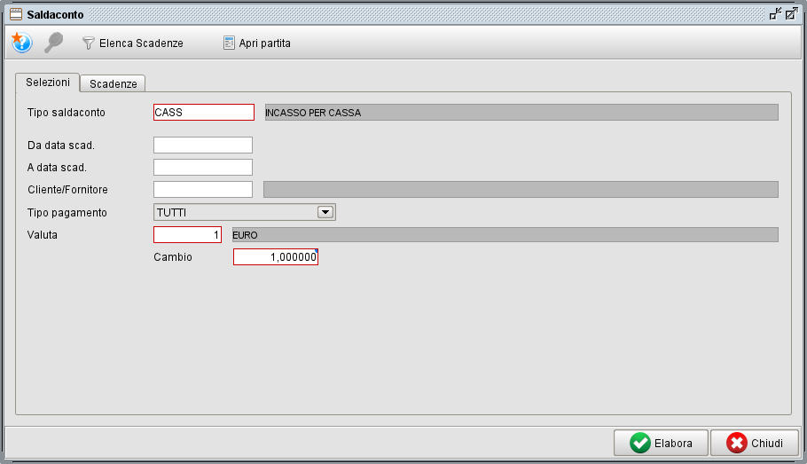 Saldaconto scadenze - filtri selezione