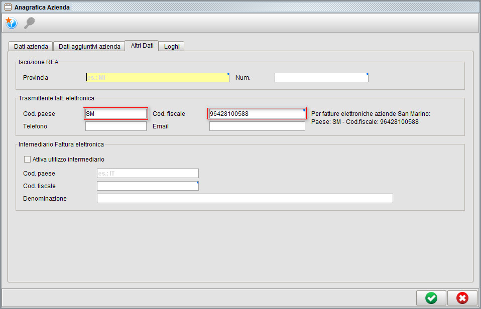 Anagrafica azienda FE SM - dati aggiuntivi