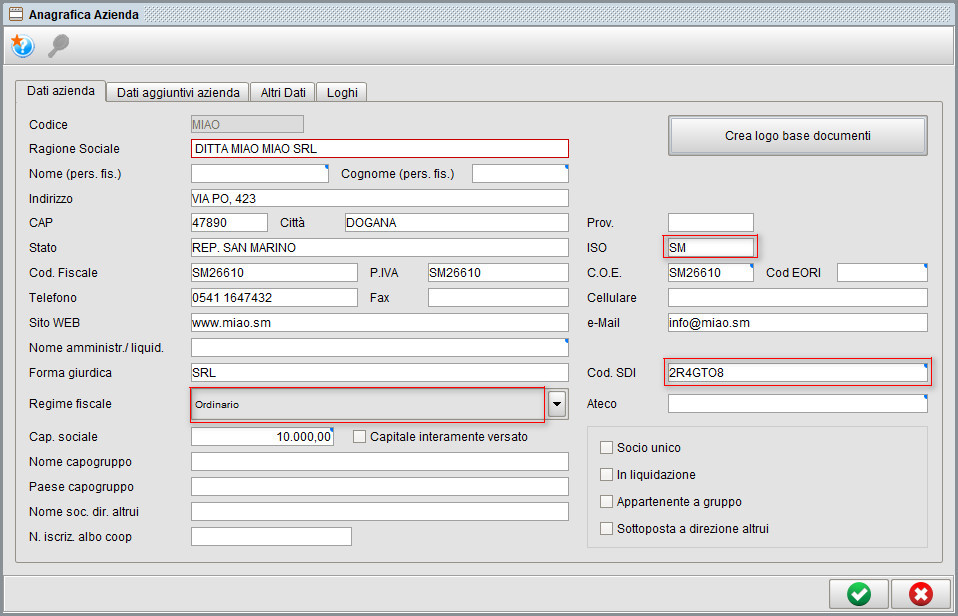 Anagrafica azienda FE SM dati » Manuale Software gestionale Atlantis Evo