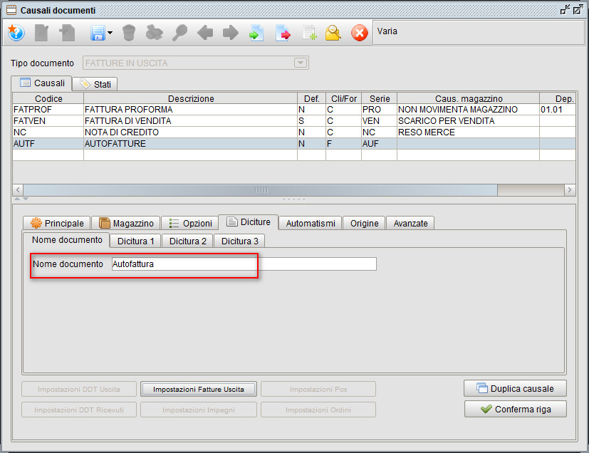 Autofattura -impostazioni dicitura di causale documento | Gestionale Atlantis Evo