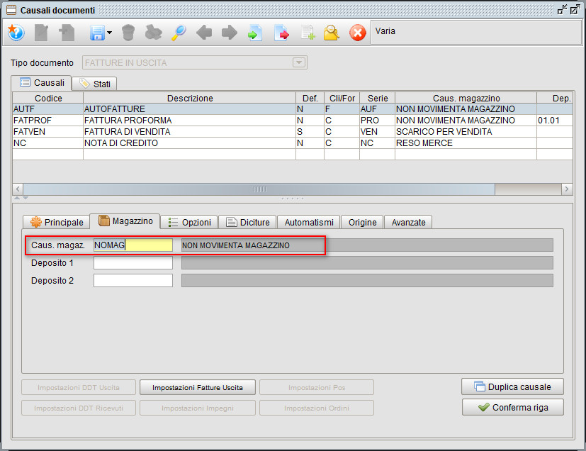 Autofattura -impostazioni magazzino della causale documento | Gestionale Atlantis Evo