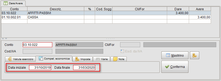 Impostazione date competenza dell'operazione